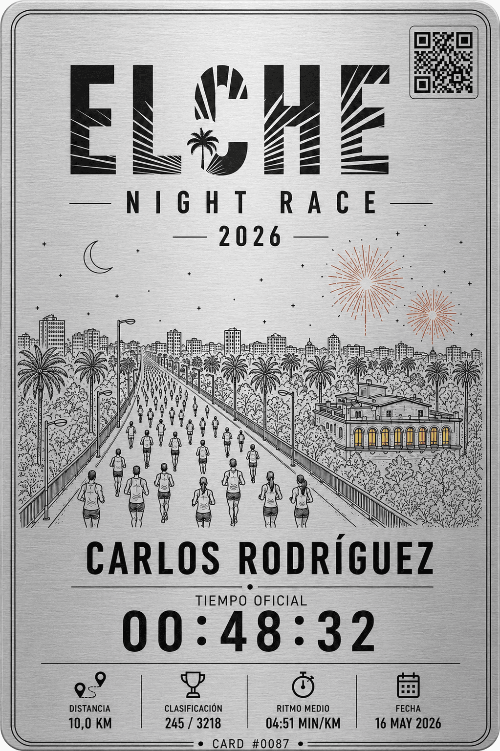 Diseño BIBLOK Elche Night Race sobre acabado en aluminio premium